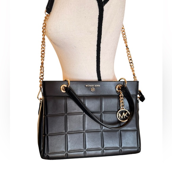 NWT Michael Kors Quilted Leather Satchel | Black MK Chain Crossbody Tote - Picture 2 of 10